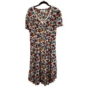 Colorful Retro Floral Dress M Red Boho Indie Folk Festival Cottage Earthy Artsy